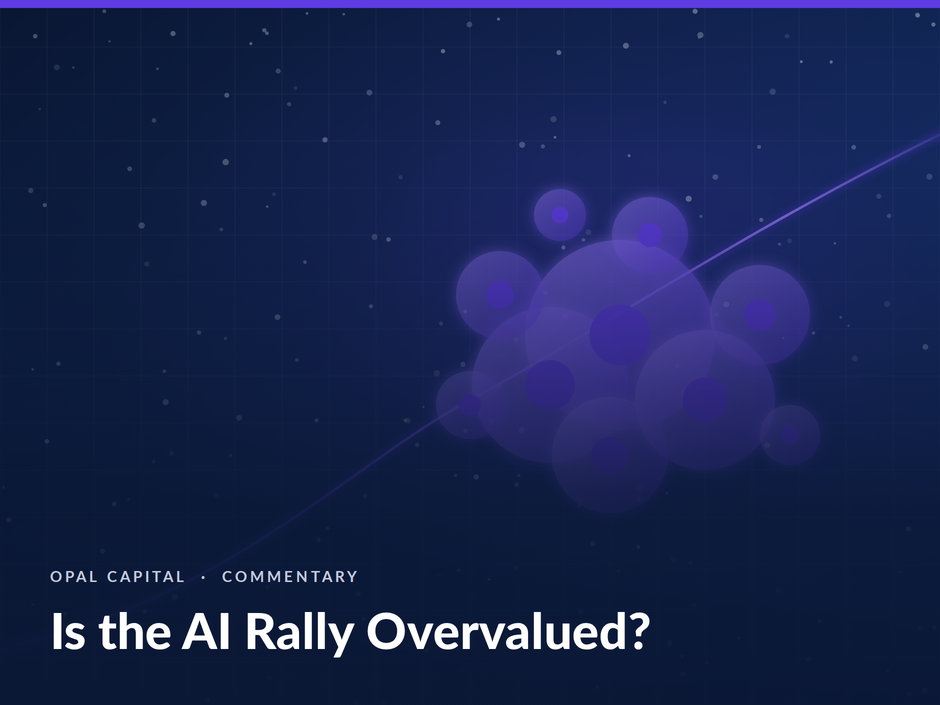 Is the AI Rally Overvalued? Purple bubble cluster representing S&P 500 mega-cap concentration with a rising trend line.